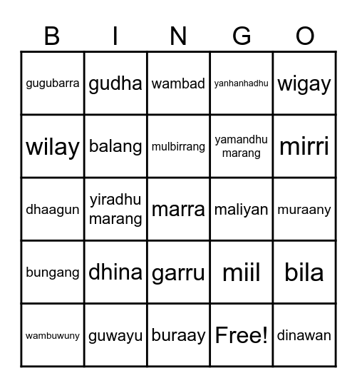 Wiradjuri lingo Bingo CARD 2 Bingo Card