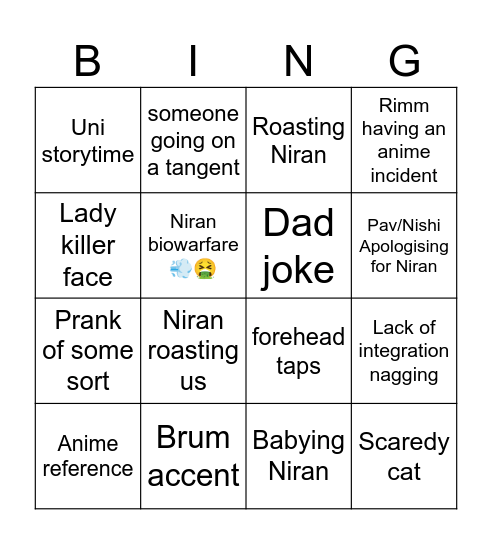 Trip to Niran's Bingo Card