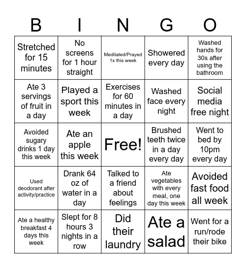 Youth Health Summit Bingo Card