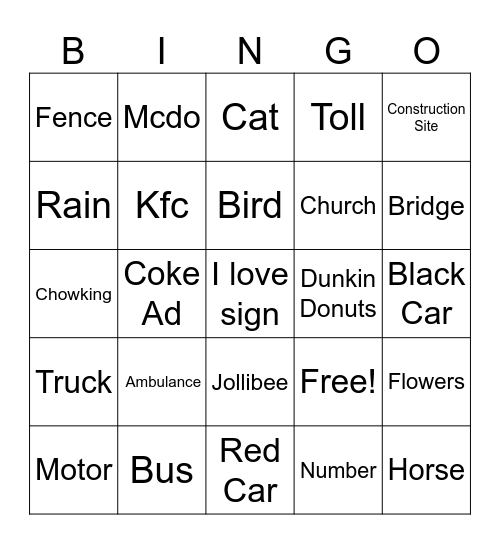 Road Bingo Card