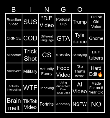 YouTube Shorts Bingo Card