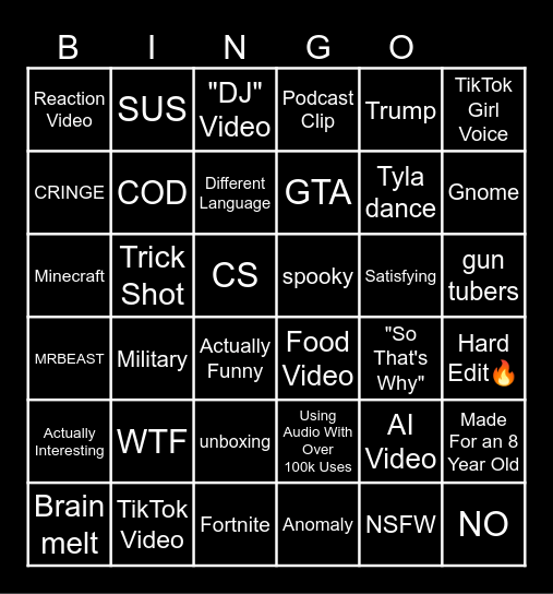 YouTube Shorts Bingo Card