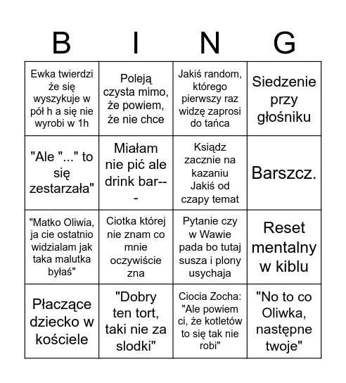 Wesele Bingo Card