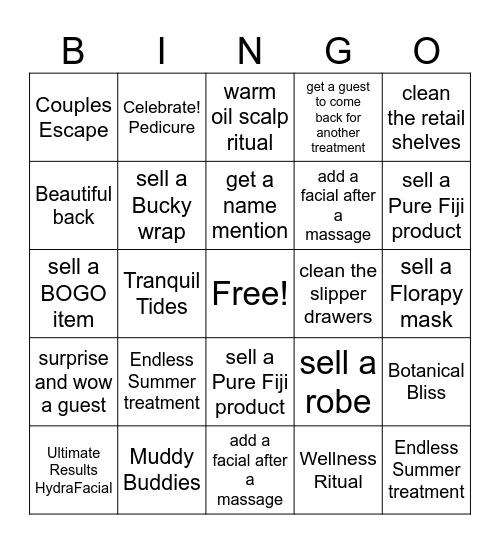 Spa Concierge BINGO Card