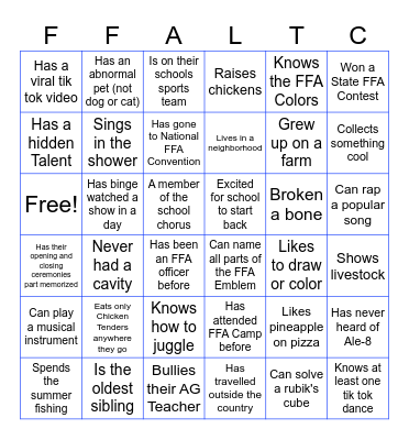 FFA Camp Get to Know You Bingo Card