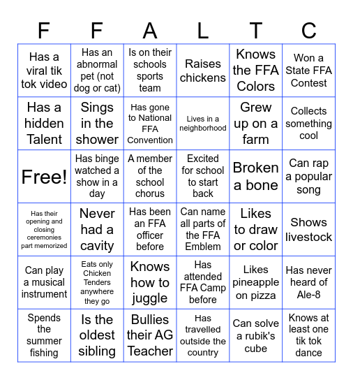 FFA Camp Get to Know You Bingo Card