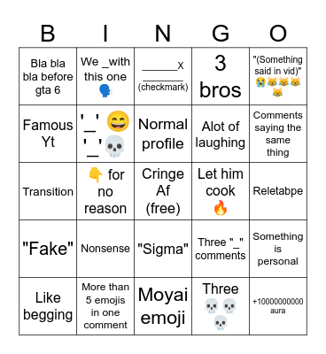 Youtube shorts comments Bingo Card