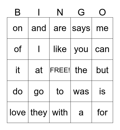 Star Word Bingo Card