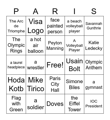 Olympic Opening Ceremony Bingo Card