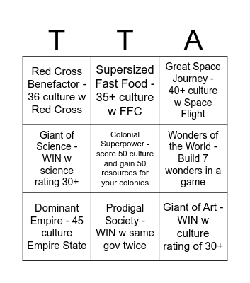 TTA Feats Bingo Card