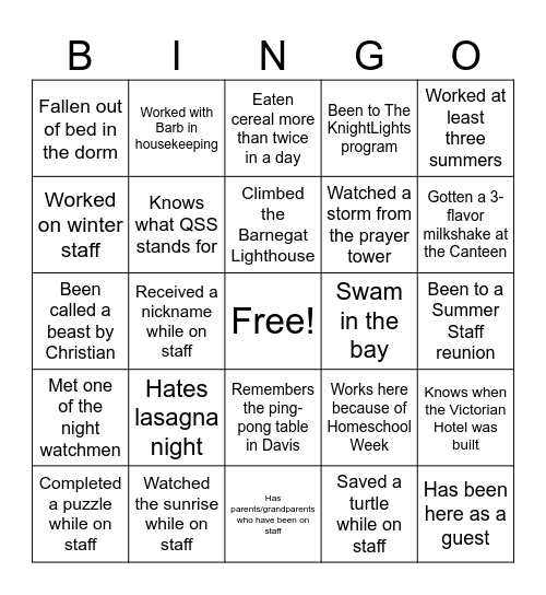 Summer Staff Bingo Card