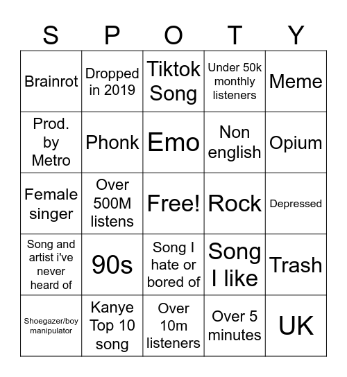Spotify Bingo Card