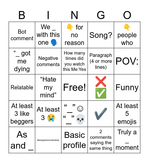 yt shorts comments bingo ! Bingo Card