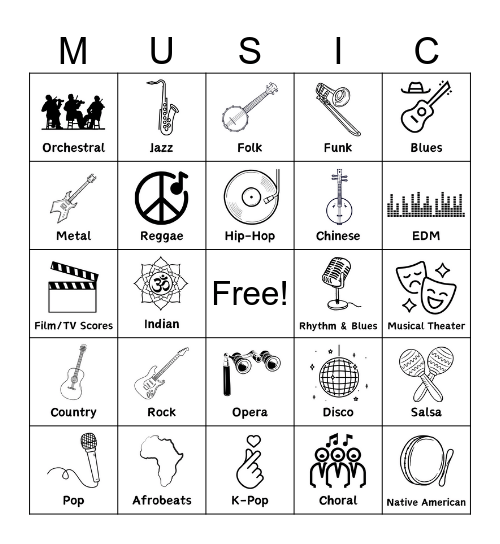 Music Styles Bingo Card