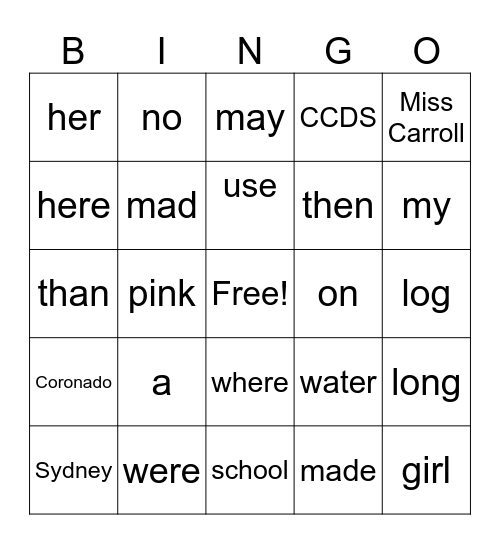 Sydney's BINGO Card