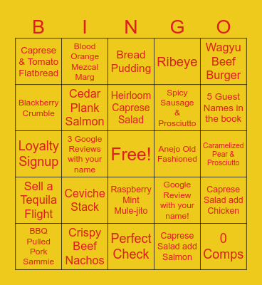 Summer Menu Bingo Card