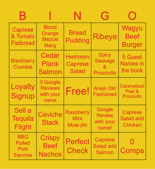 Summer Menu Bingo Card