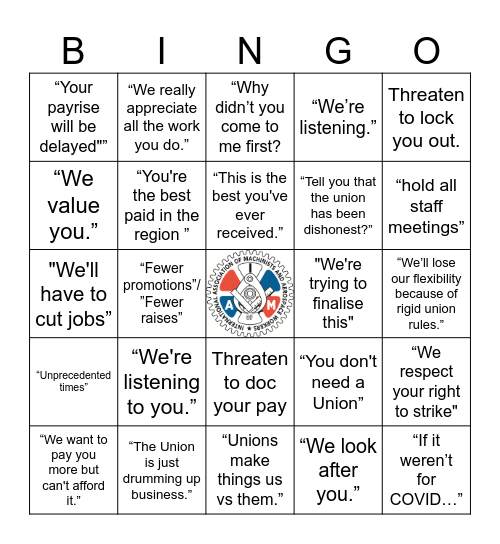 Union Busting Bingo Card