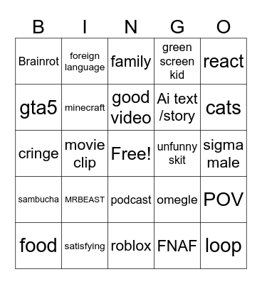 YT shorts bingo Card