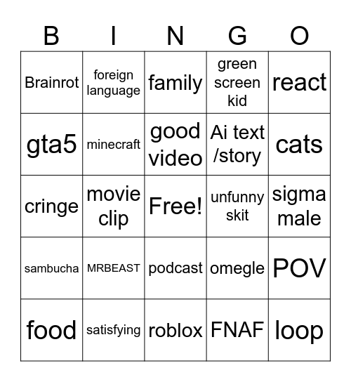 YT shorts bingo Card