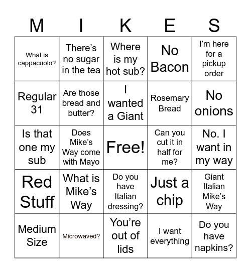 Jersey Mike’s Bingo Card