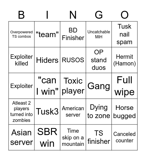 YBA SBR Bingo Card