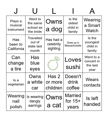 Julia's Wedding Shower Bingo Card