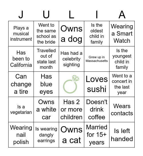 Julia's Wedding Shower Bingo Card