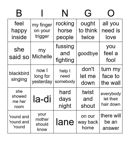 Beatles Bingo Card