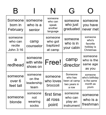 SENIOR HIGH CAMP Bingo Card