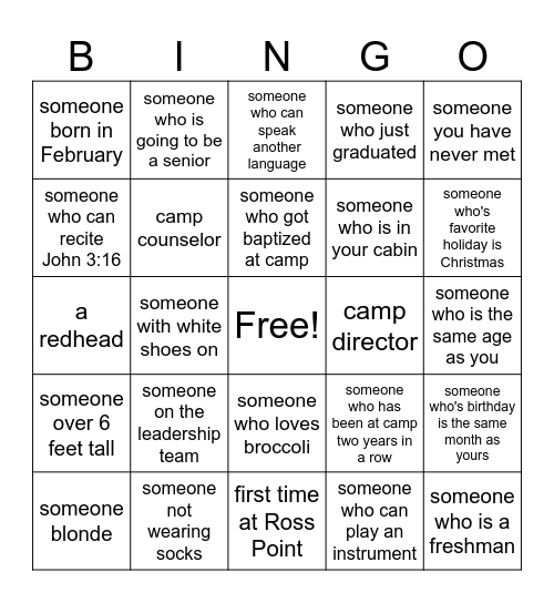 SENIOR HIGH CAMP Bingo Card