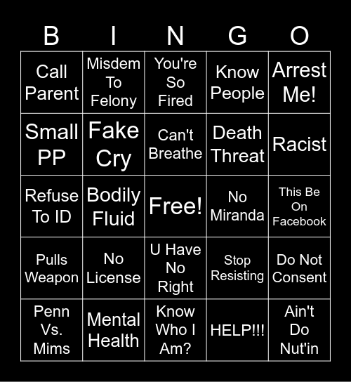 Cop Bingo Card
