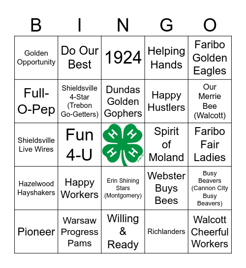 Rice County 4-H is 100! Bingo Card