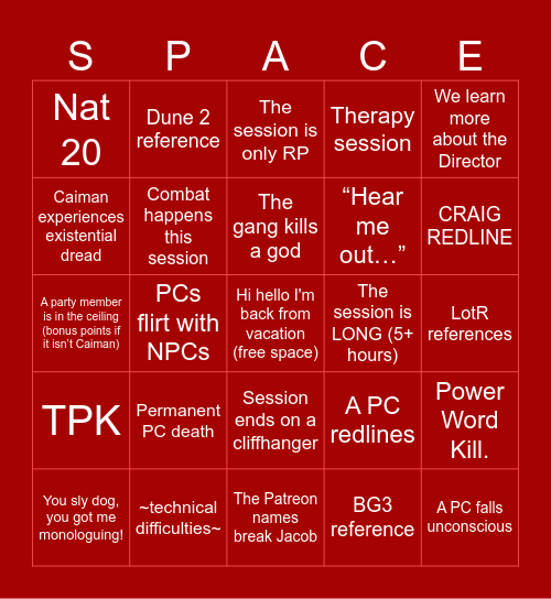 Spelljammer: Redline - Track 21 Bingo Card