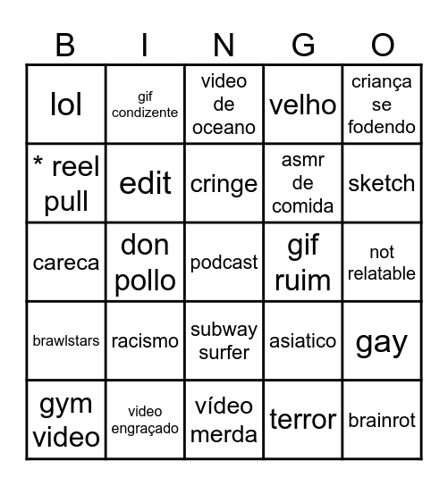 Instagram reel bingo Card