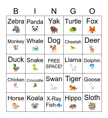 Animals Bingo Card