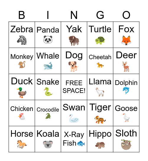 Animals Bingo Card