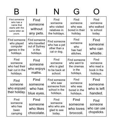 After Holiday Fun Bingo Card