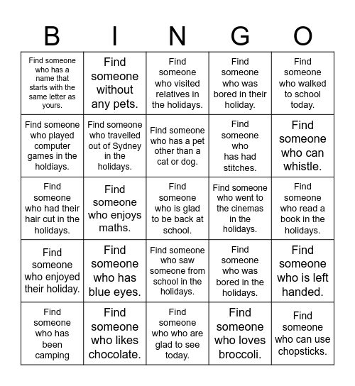 After Holiday Fun Bingo Card