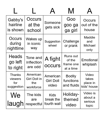 Dolly Llama Toys Bingo Card