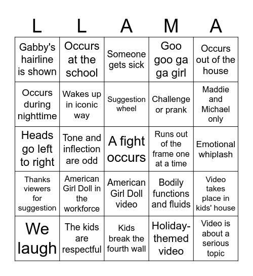 Dolly Llama Toys Bingo Card