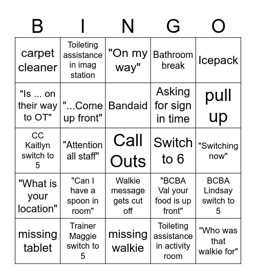 Walkie Bingo Card