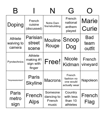 Olympics Opening Ceremony Bingo Card