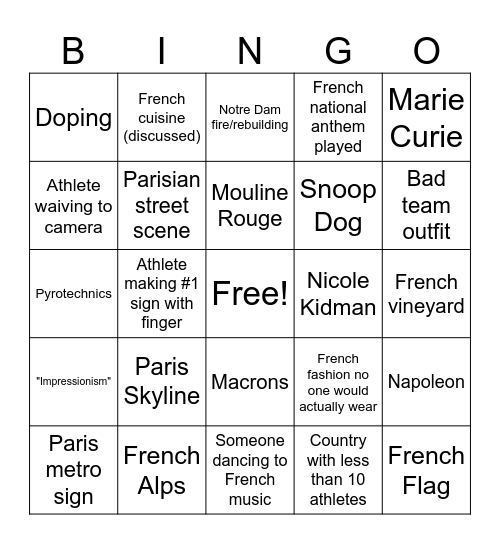 Olympics Opening Ceremony Bingo Card