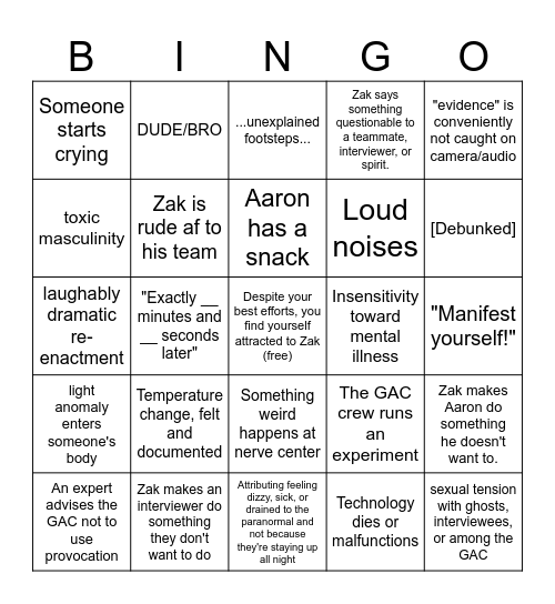 Ghost Adventures Bingo Card