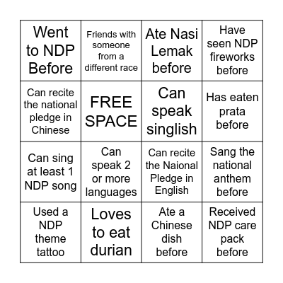 Are you a true Singaporean? Bingo Card