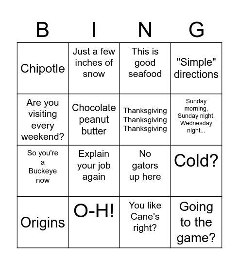 Ohio Bingo Card