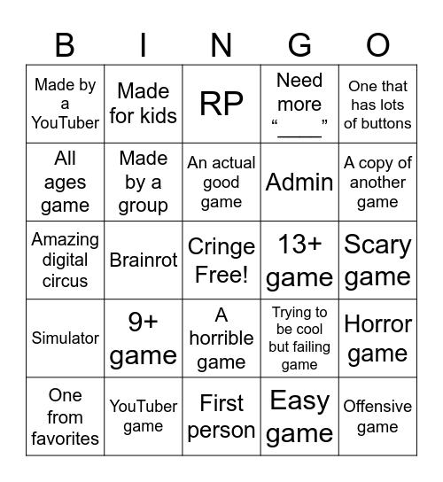 Roblox Discover Bingo Card