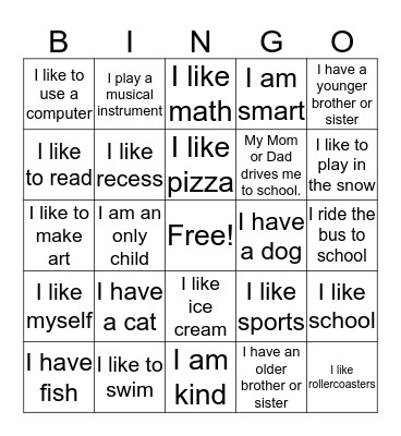 All About Me! Bingo Card