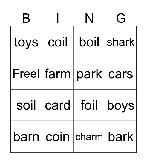 Diphthong ar and oi Bingo Card